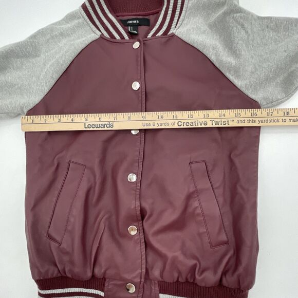 Forever 21 Varsity Jacket Womens Small Maroon Gray Letterman Snap Buttons *FLAW - Picture 9 of 11